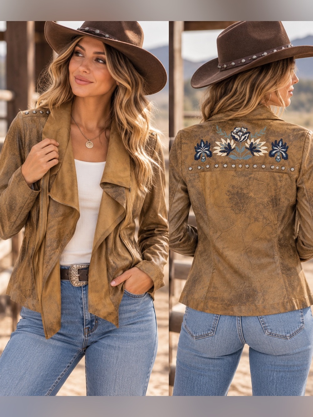 Shyanne Embroidered Faux Suede Fringe-Look Jacket - Brown
